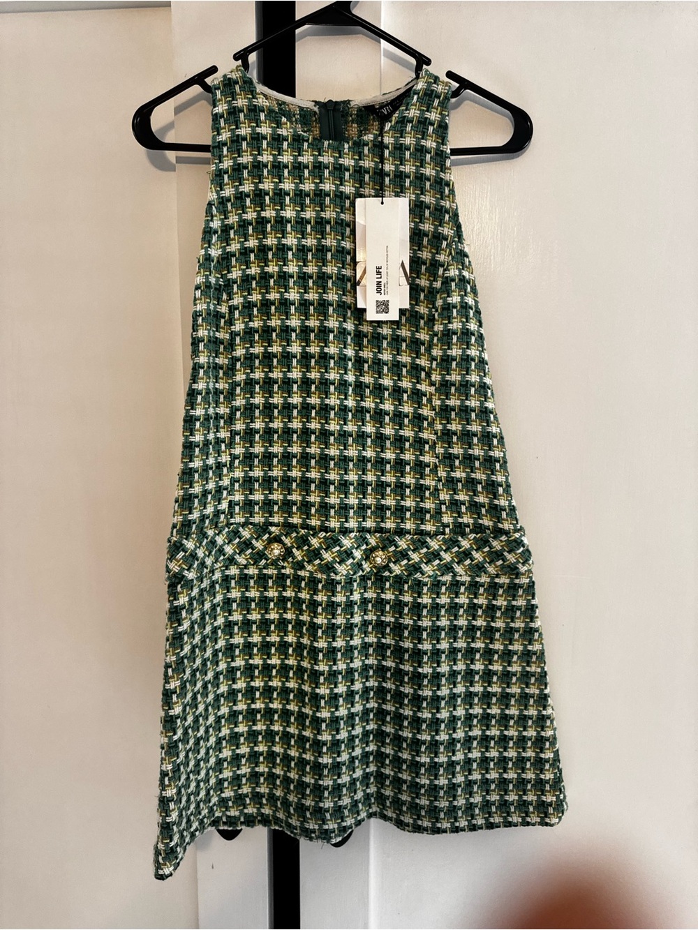 Zara Green Tweed Mini Dress with Cream & Gold Threading